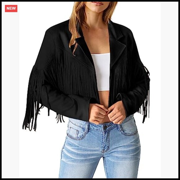 Faux Suede Fringe Cropped Jacket Motorcycle Biker Chic Fall Fashion - Picture 2 of 7